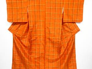 アンティーク　格子に琉球絣柄織り出し米沢紬着物アンサンブル
